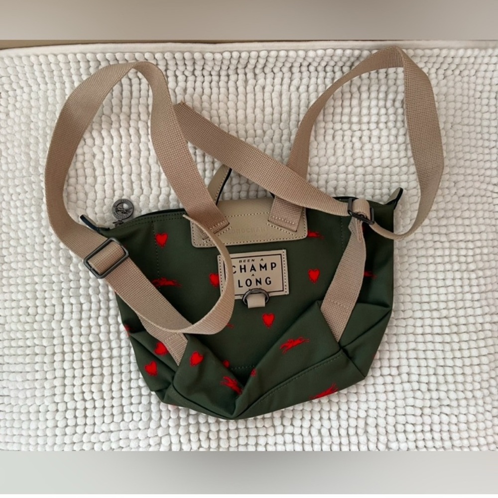 Longchamp Green Nylon Mini Backpack with Red Heart Print and Tan Flap - Picture 2 of 10